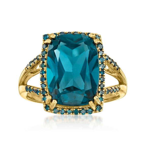 Ross-Simons 9.75 Carat London Blue Topaz and .30 ct. t.w. Blue Diamond Ring in 14kt Yellow Gold, Women's, Adult