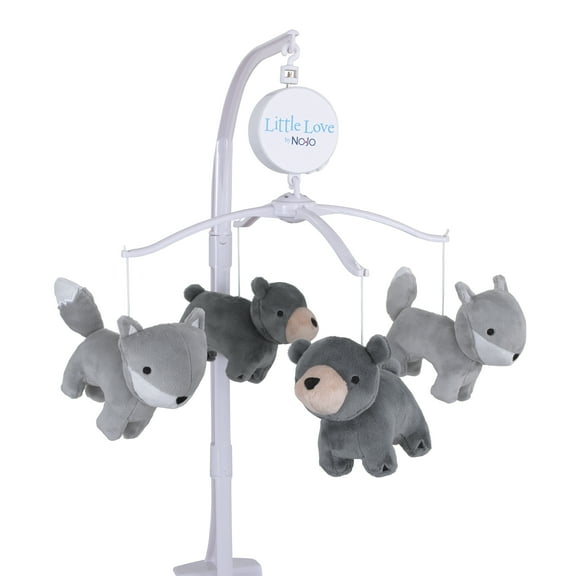 Little Love by NoJo Little Man Cave Grey Fox, Bear, Plush Musical Mobile, Infant Nursery, Boy