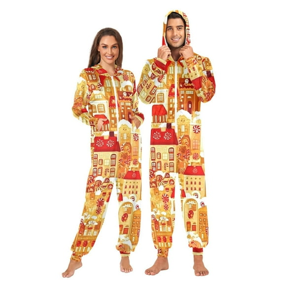 Gingerbread Houses Pattern Adult onesie Pajamas, Crystal Velvet Ultra Soft Warm Jumpsuit for Men and Women