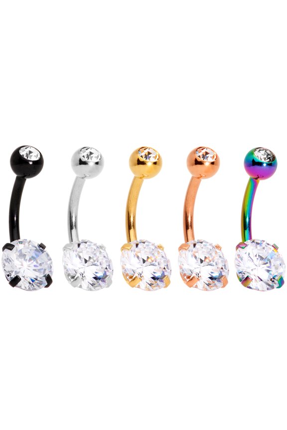 14G Steel 5Pc Navel Ring Piercing Clear Accent Variety Glamour Belly Button Ring Set of 5