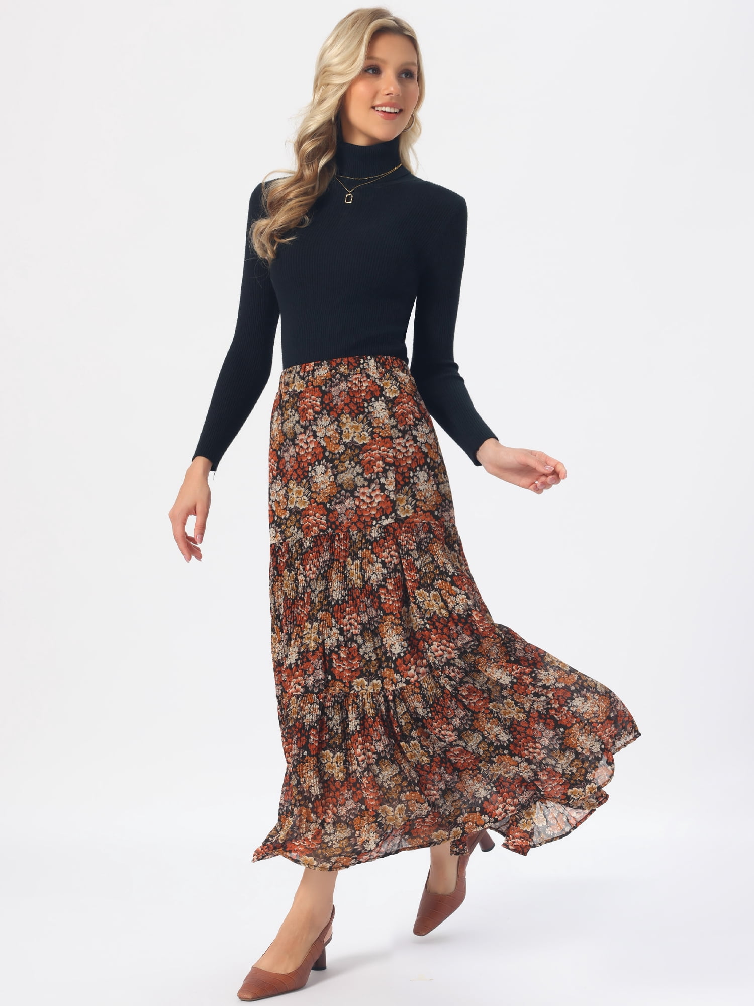 DARING DIVA Women's Chiffon Floral High Waist Pleated Maxi Skirt XS Black