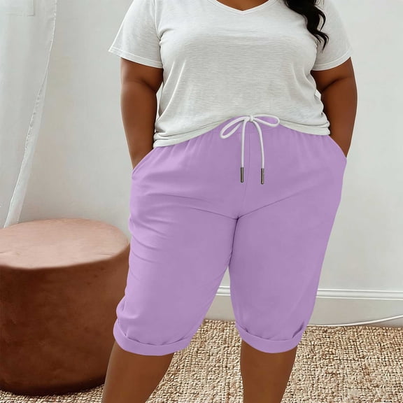 Utoimkio Plus Size Drawstring Cuffed Capri Pants Soft Knit Mid-Calf Casual Cropped Trousers with Side Pockets for Daily Walking Lounging