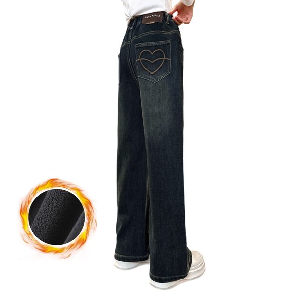 Girls Winter Lined Wide Leg Denim Pants Solid Color Warm Thick Trousers Loose Fit Straight Style Comfortable Casual Outfit for Toddler Big Kid School Day Wear Navy 5 Years-6 Years