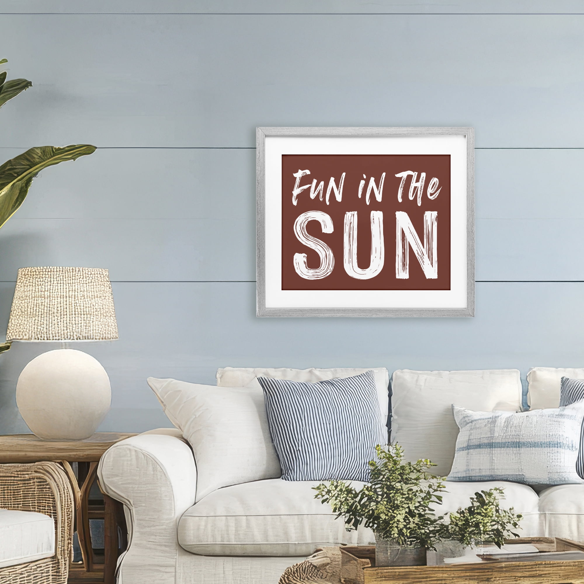 Fun In Sun Brown Sentiment Gray Framed Print Under Glass, design by Lettered and Lined