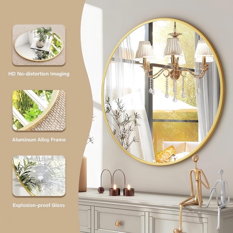GRAHMCY 24" Round Bathroom Mirror Wall Mirror With Simple Metal Frame, Gold