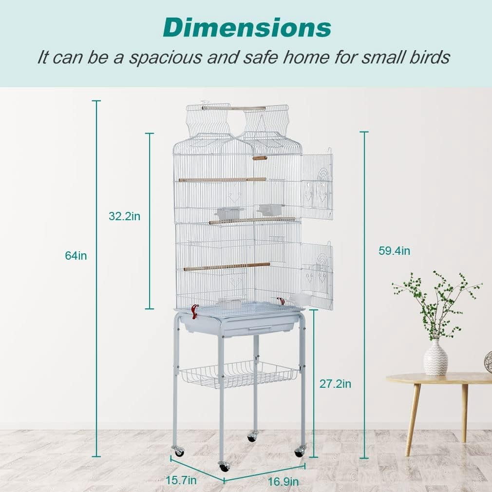 CL.HPAHKL 64-inch Large Bird Cage Play Open Top Design, Metal Parakeet Cage with Rolling Stand & Bottom Tray for Parakeet Lovebirds Ringneck Cockatiels Parrot Cage, White