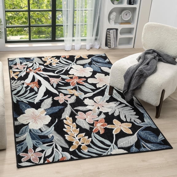 Luxe Weavers Floral Tropical Leaf Black 8x10 Washable Area Rug
