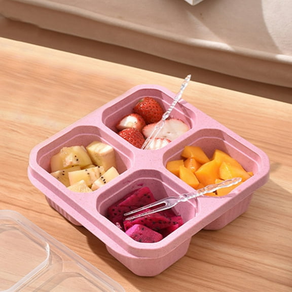 XEOVHV Bento Snack Containers,4 Compartment Food Storage Containers,Wheat Straw Meal Prep Lunch Box,Plastic Food Storage container, Microwave and Dishwasher Safe (Pink)