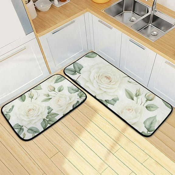 Roses Flowers Leaves Kitchen Mats Set 2 Piece Non Slip Floor Foam Rugs Cushioned Soft Waterproof Carpet Runner for Dining Room Bathroom Laundry