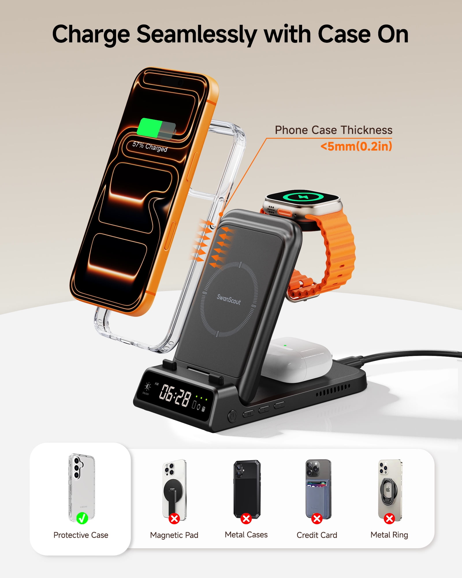 Charging Station for iPhone, SwanScout 703A, Wireless Charger for iPhone 17/Air/16/15/14/13/12/11 Series, for Apple Watch 10/Ultra 2/9/8/7/6/5/SE 2, for Airpods Pro 3/2, Foldable and Portable