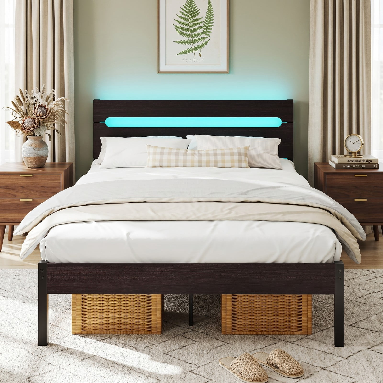 Furnibear Full Size Bed Frame Metal Platform Bed with 16 Color LED Lights Wood Grain Headboard and USB Charging Station, Dark Walnut
