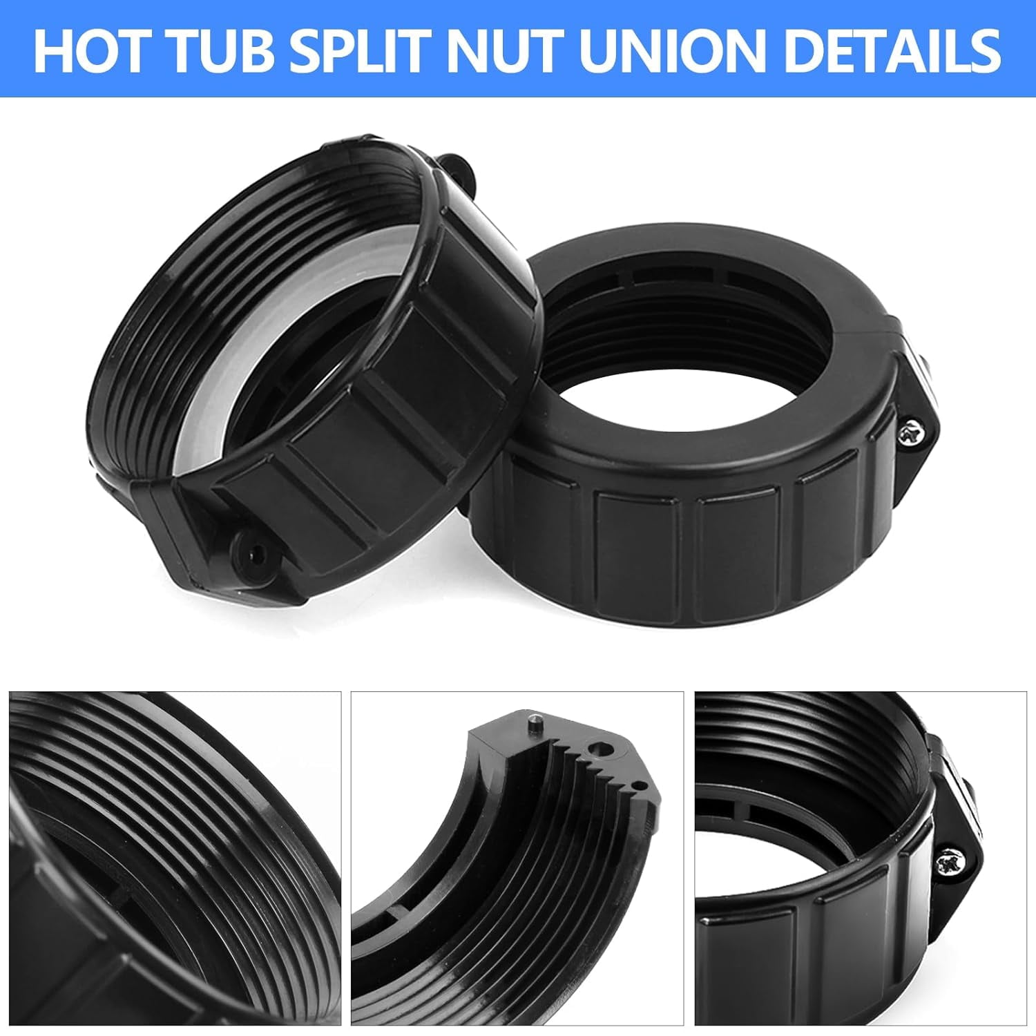 2 Inch Spa Hot Tub Heater Split Nut Unions with Screw and Gasket/O-Rings, Compatible with Balboa Heater, Black