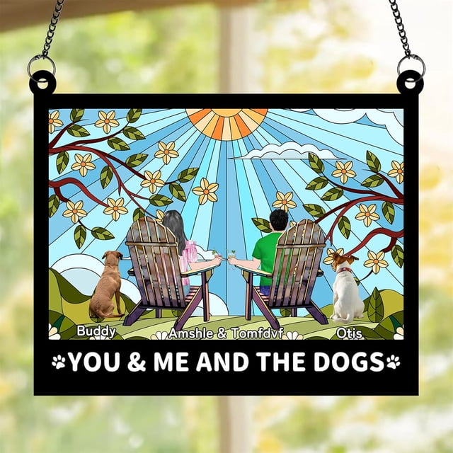 Atrapasueños personalizado "Tú, yo y los perros", adorno para ventana con retrato de pareja, regalo para pareja, marido y mujer, estilo 6