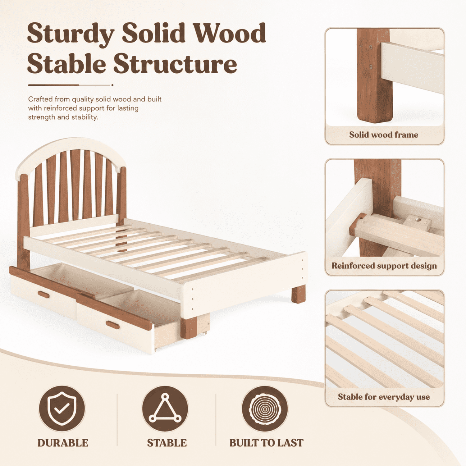 Miniyam Twin Size Kids Bed Frame with Storage Drawer, Wooden Platform Bed, Beige & Natural