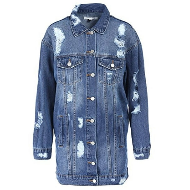 Deen Choice Women's Loose Fit Long Jean Jacket Ripped Broken Denim