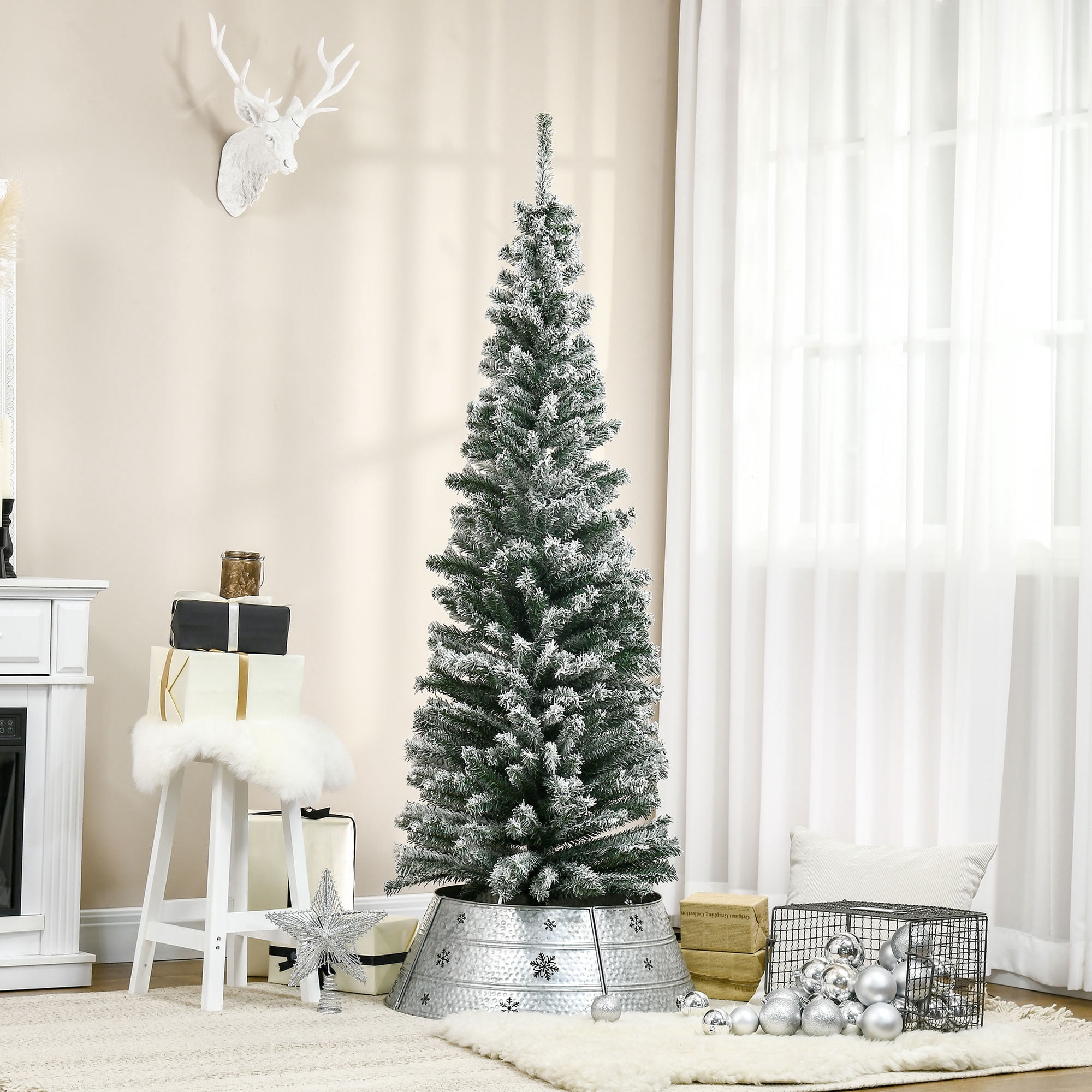 Alvantor Christmas Tree Flocked Pencil with Faux Snow, Foldable Metal Stand 23.5"x23.5"x72" 6ft Green