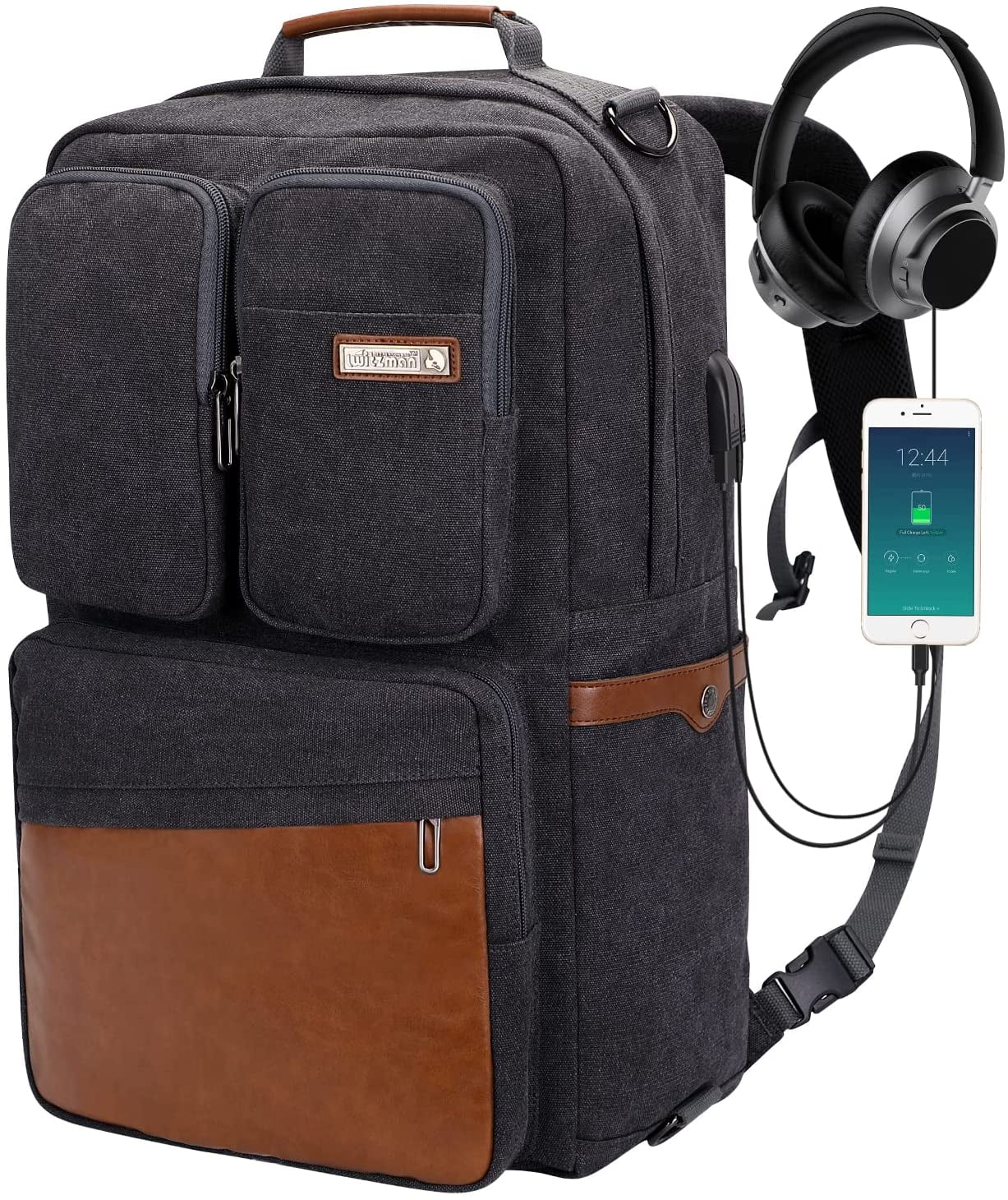 WITZMAN Vintage Canvas Backpack with USB Charging Port Large Unisex Luggage Bag for Travel 6617