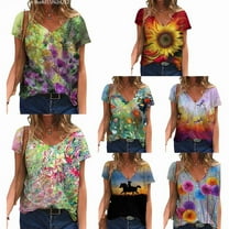 Lenago Women's Plus Size Floral Printed Short Sleeve V-Neck T-Shirt Pleated Casual Flowy Tunic Blouse Tops