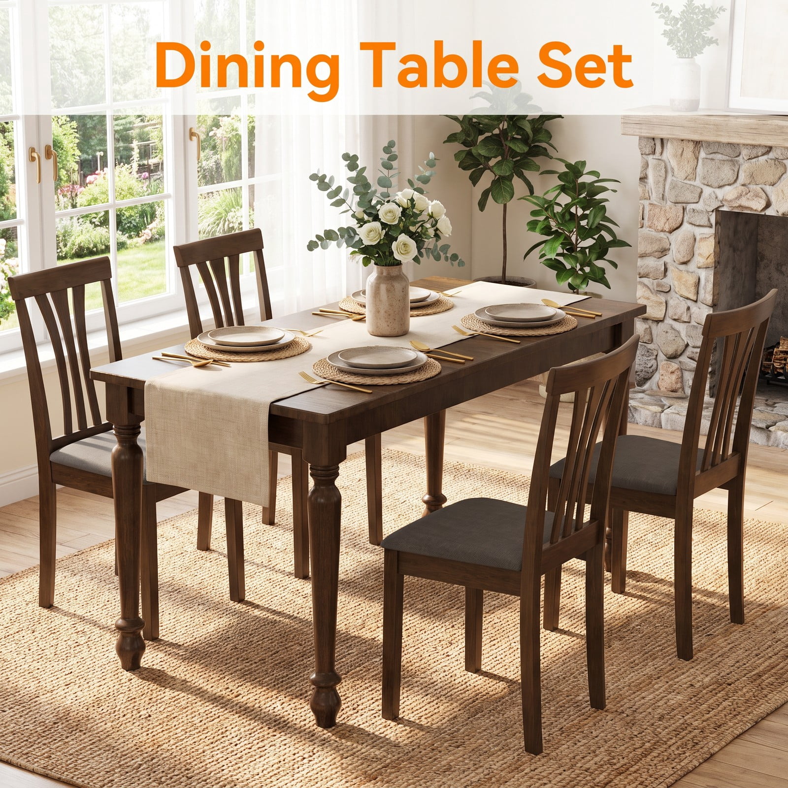 Furnibear Wooden Dining Chairs Set of 2, Linen Fabric Upholstered Kitchen Side Chairs with Rubber Wood Frame, Ergonomic Slatted Backrest, Padded Seat for Dining, Brown