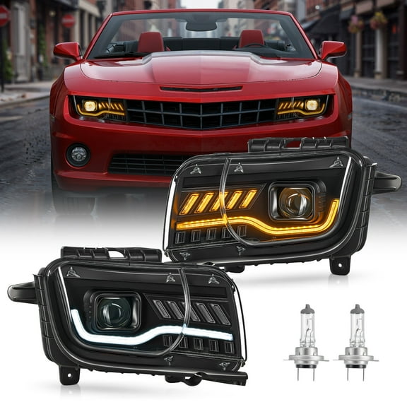 Bestco Headlights Assembly for 2010-2013 Chevy Camaro Front LED Tube Bar Projector Headlamp Black GM2502346 GM2503346