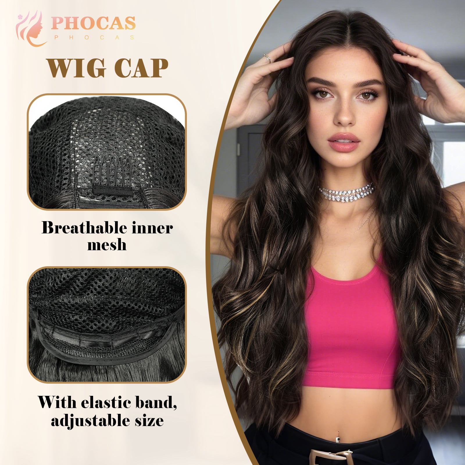 Phocas Long Curly Brown Wigs for Women 26inch Body Wave Highlight Blonde Wig