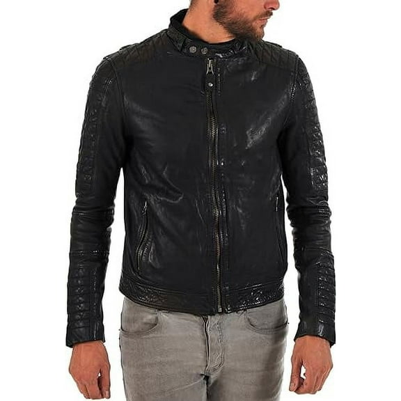 Men's Genuine Lambskin Leather Jacket Biker Soft Stylish Motorcycle Jacket MJF025