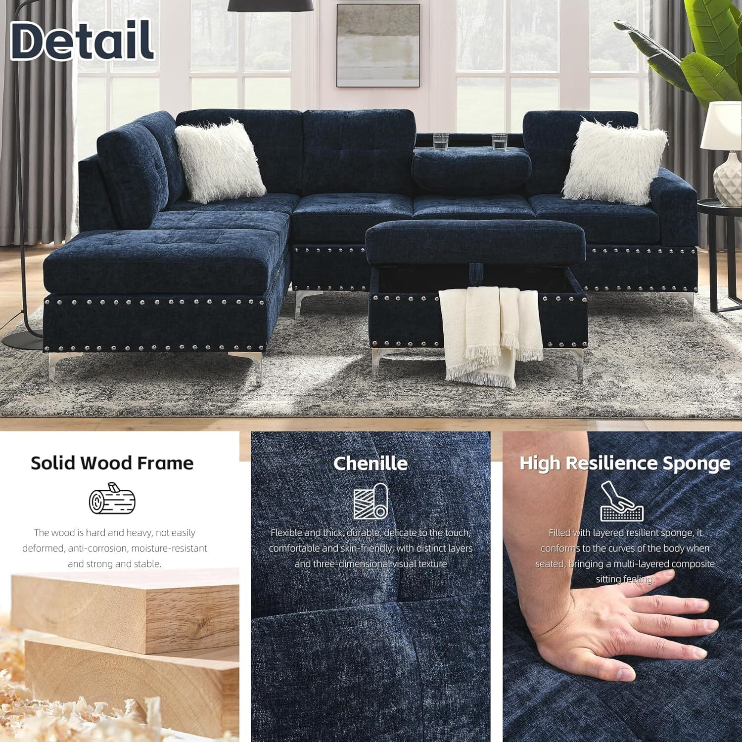 Howcool L Shaped Sectional Sofa, 4 Seater Couch with Chaise Lounge, Storage Ottoman, Cup Holders and Pillows, Modern Linen Fabric Couch for Living Room(Blue)