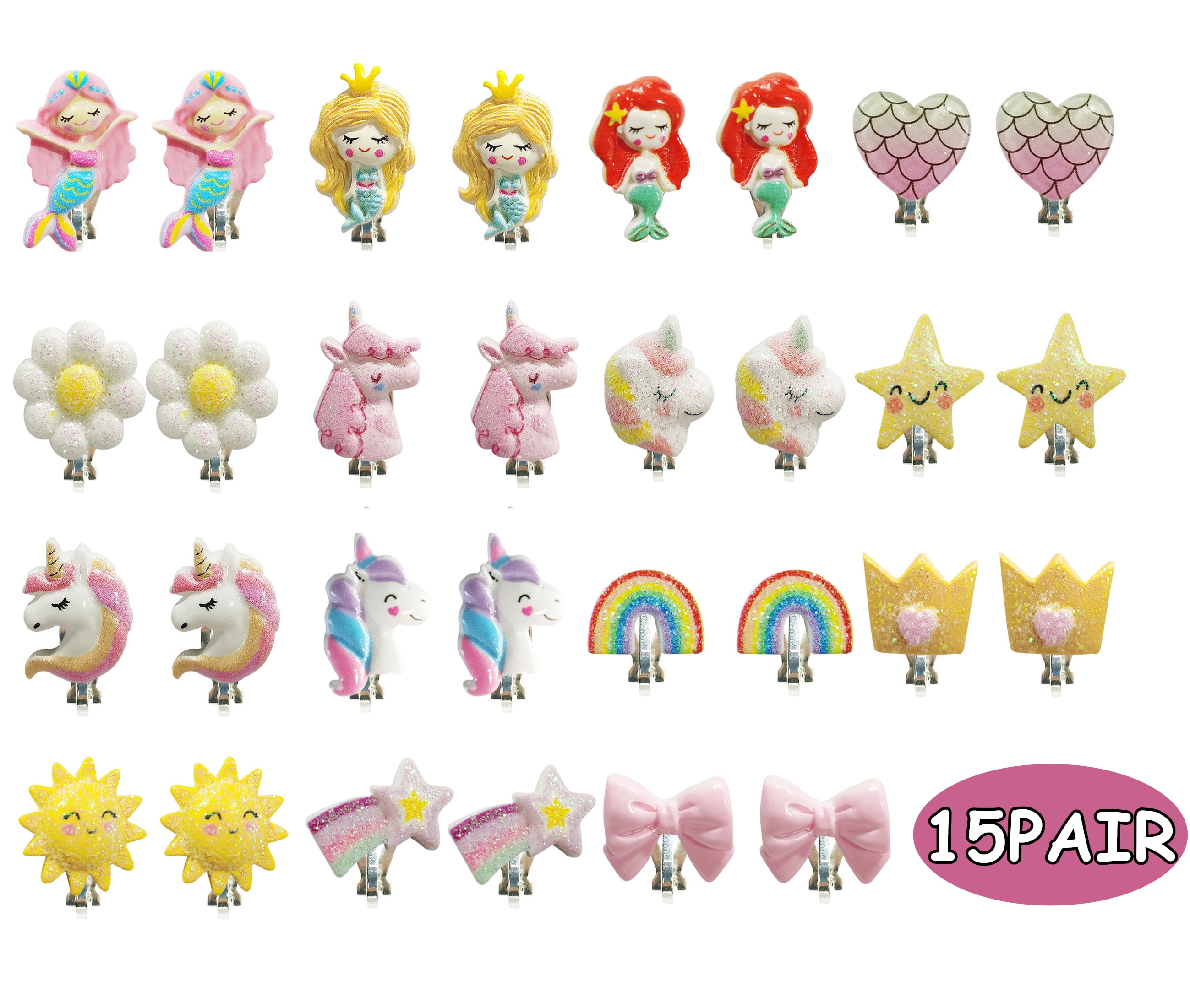 Kids Jewelry Clip On Earrings For Little Girls Kids Unicorn Mermaid Princess Party Favor Play Jewelry 15 Pairs