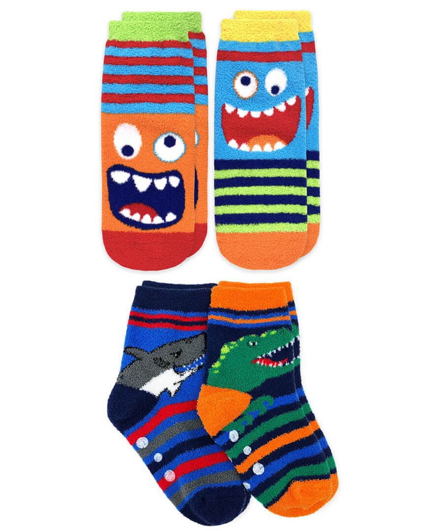 Jefferies Socks Boys Monster & Dinosaur Shark Fuzzy Non-Skid Slipper Socks 4 Pair Pack