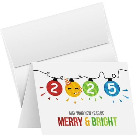 2025 Merry Christmas Happy New Year Holiday Greeting Cards – Blank Fold Over Cards & Envelopes, Funny Emoji Cards – For New Year’s Gift & Presents | 10 Per Pack | 4.25 x 5.5” (A2 Size) (White)