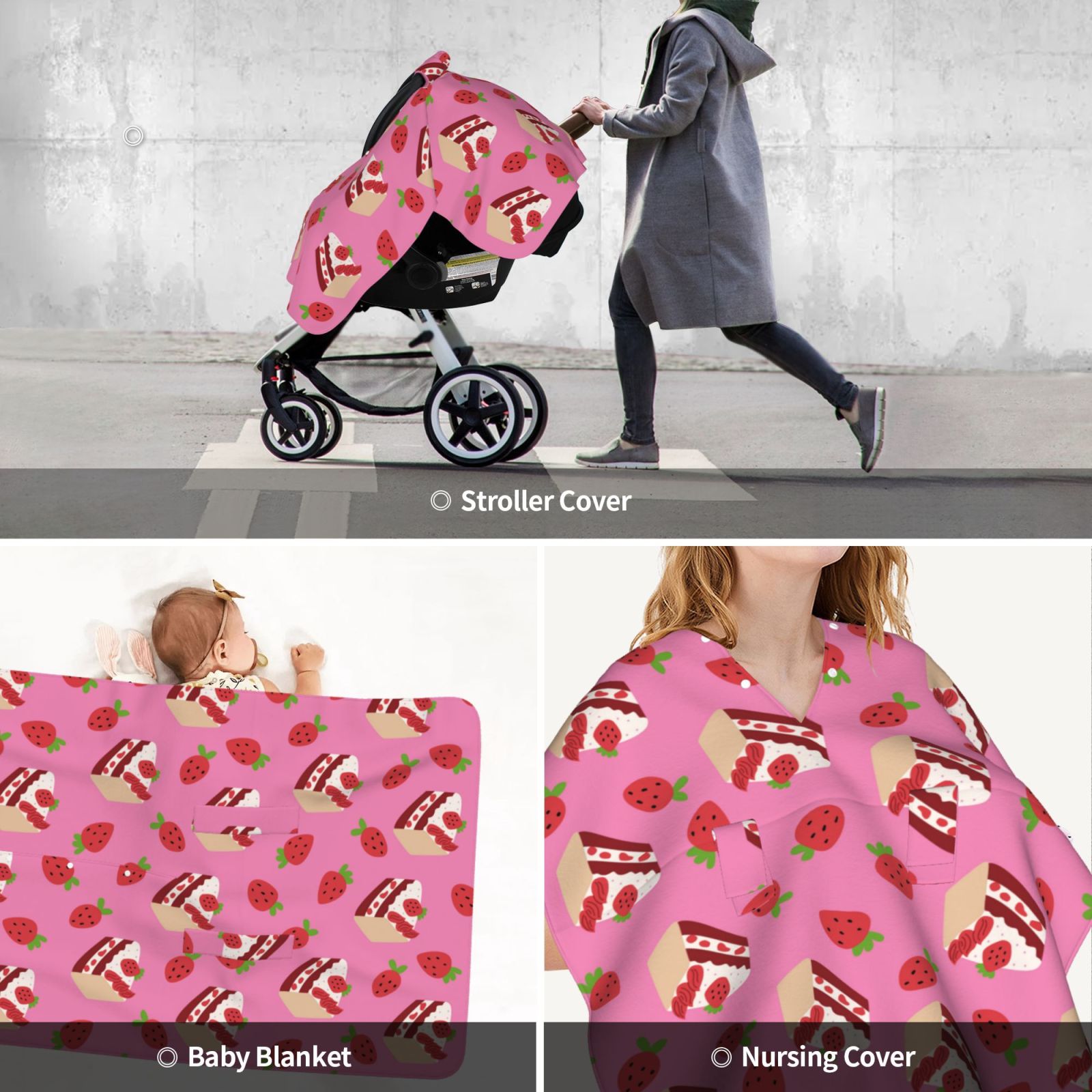 Car Seat Cover Baby - Cute Cake Strawberry Breathable Infant Car Seat Cover for Baby Carseat, Lightweight Comfort Baby Essentials Must Haves Newborn Stuff for Girl Boy