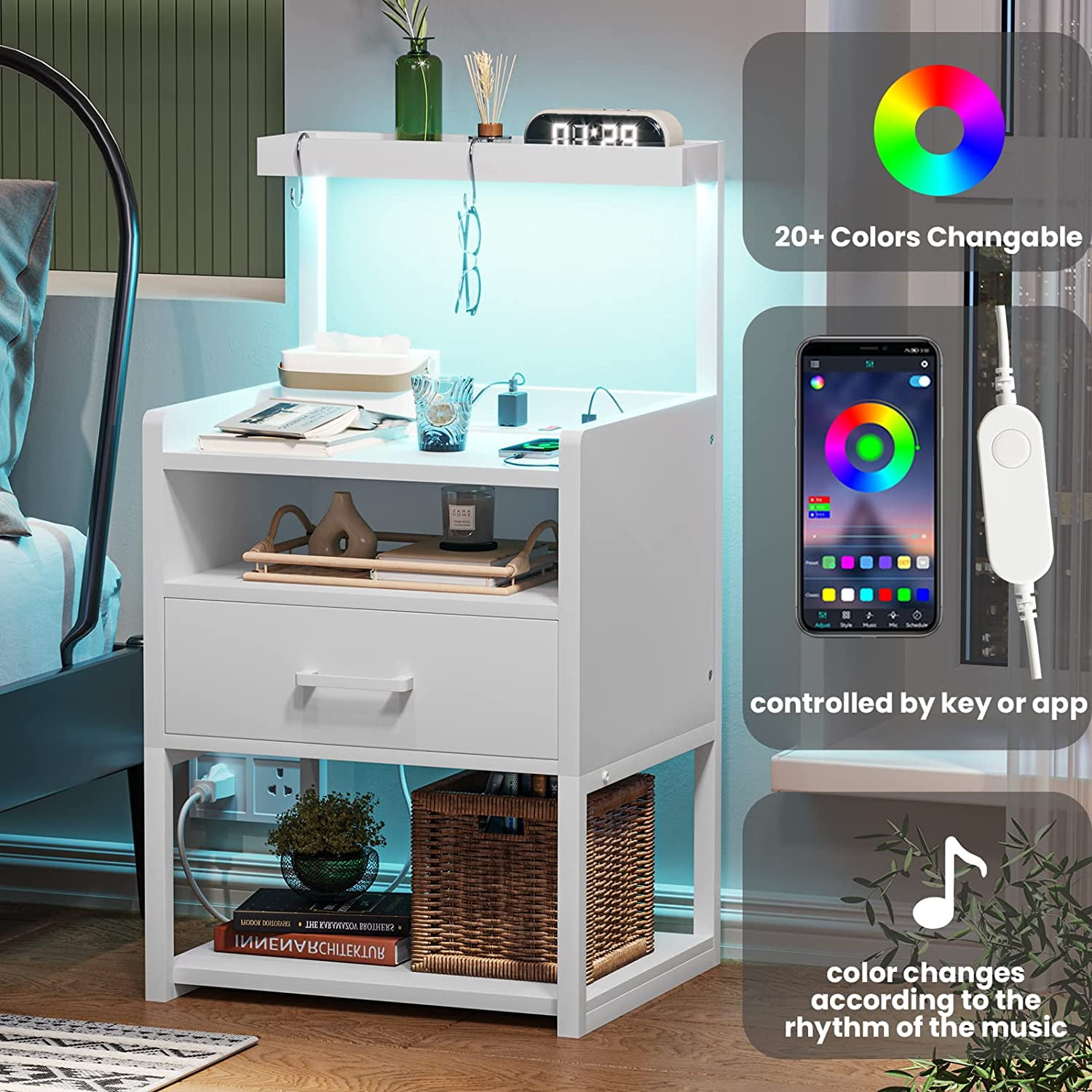 AOGLLATI Nightstand with Charging Station and USB Ports LED Bedside