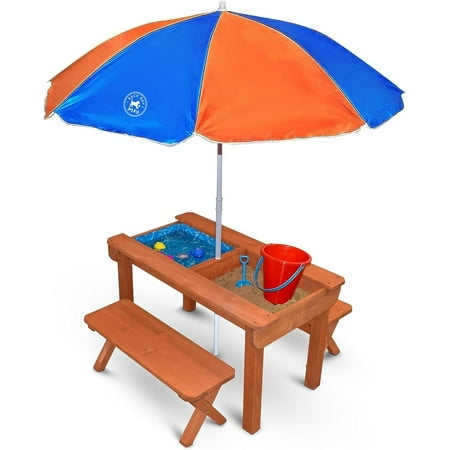 Back Bay Play Kids Sand and Water Table Premium Wooden Indoor Outdoor Convertible Picnic Table Removable Lids for Sandbox & Splash Pool (Natural)
