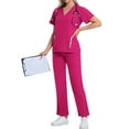 thumbnail image 2 of WULMLEO 2 Piece Scrubs Outfits for Women V Neck Medical Scrub Sets Stretch Short Sleeve Casual Nurse Uniform Tops and Pants Soft Comfortable Spring Petite Nursing Workwear Hot Pink L, 2 of 4