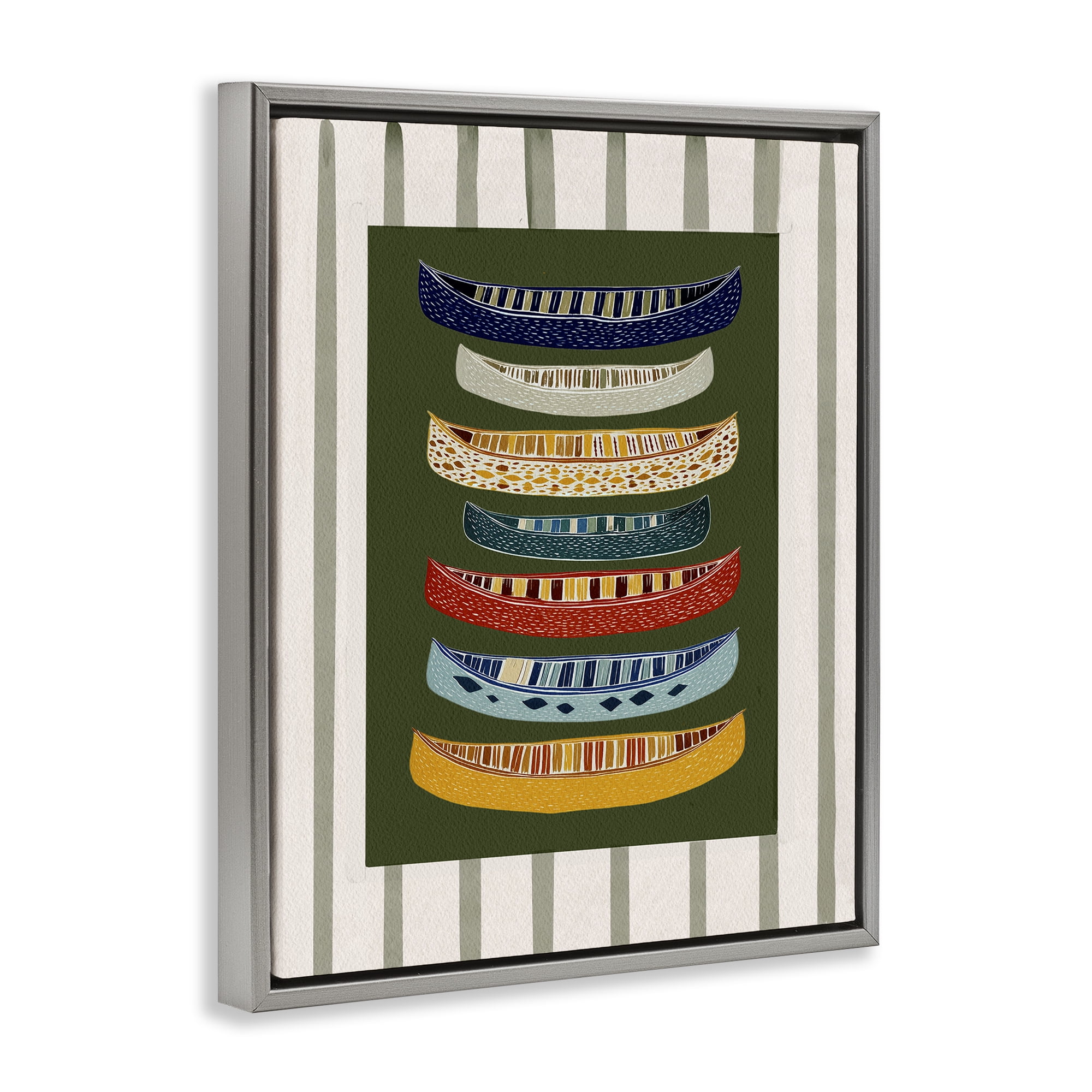 Stupell Industries Patterned Canoes over Stripes Gray Framed Floater Canvas Wall Art, design by Yen