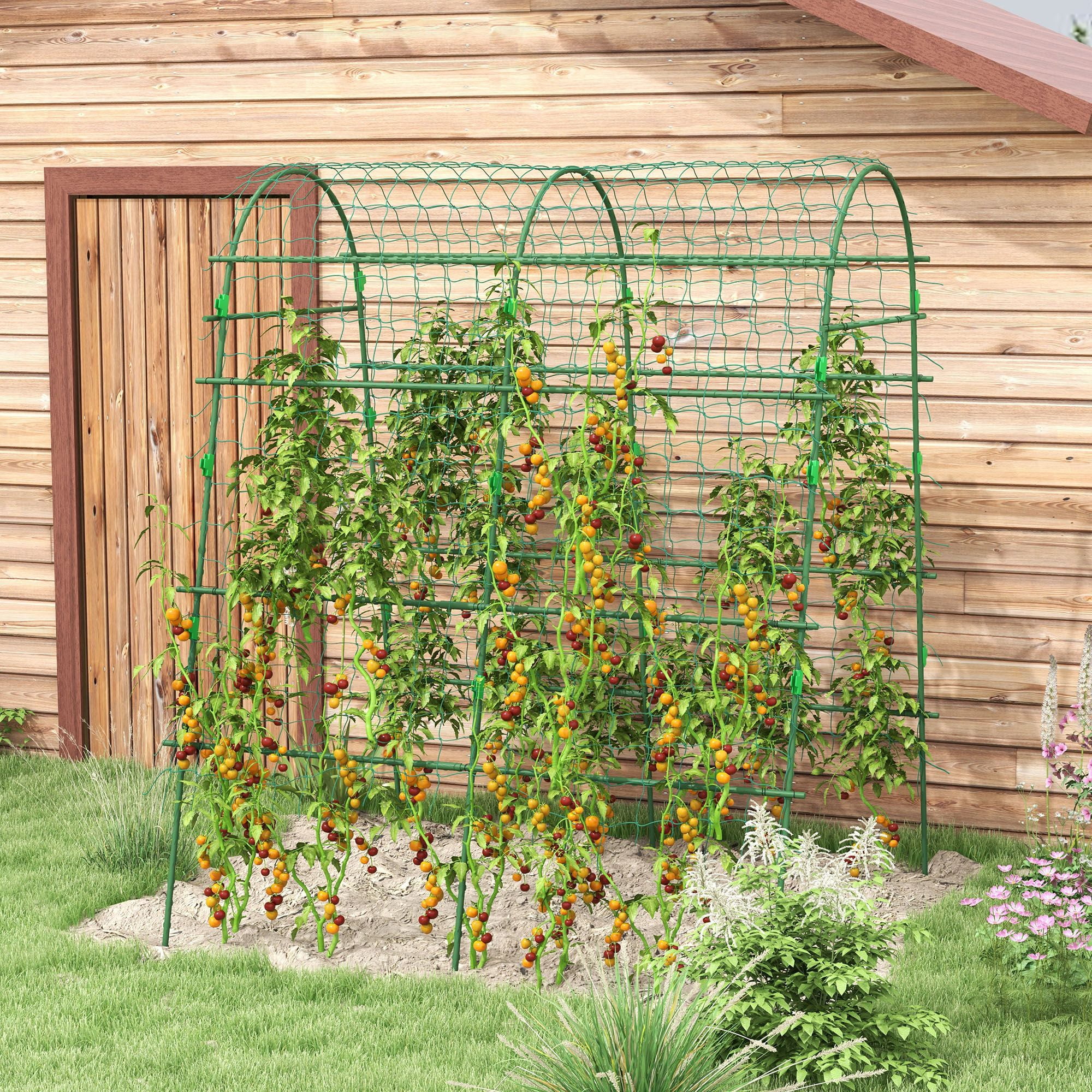 Metal Arch Garden Trellis for Climbing Plants, A-Frame with Net, 57"x66"x81", Green Outdoor Decor