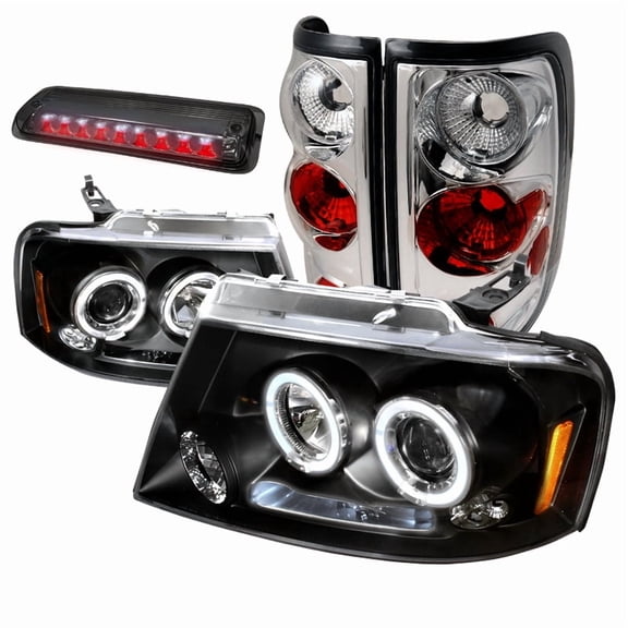Spec-D Tuning Black Dual Halo Projector Headlights   Chrome Tail Lights   Smoke LED 3rd Brake Light Compatible with 2004-2008 Ford F-150