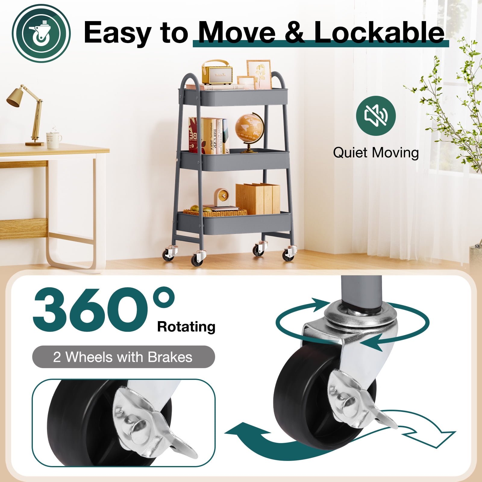 ZUNMOS 3 Tier Rolling Cart, Metal Utility Storage Cart with Lockable Wheels for Livingroom, Bathroom, Kitchen & Narrow Spaces,Gray