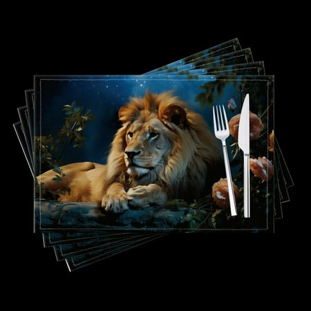 

Bahomeck Placemats Set Of 4 Rectangle Linen Cotton Placemats For Dining Table Fade Resistance Washable Heat Resistant，18*12Inch Beautiful Lion Resting In The Night Surrounded By Beautiful Roses