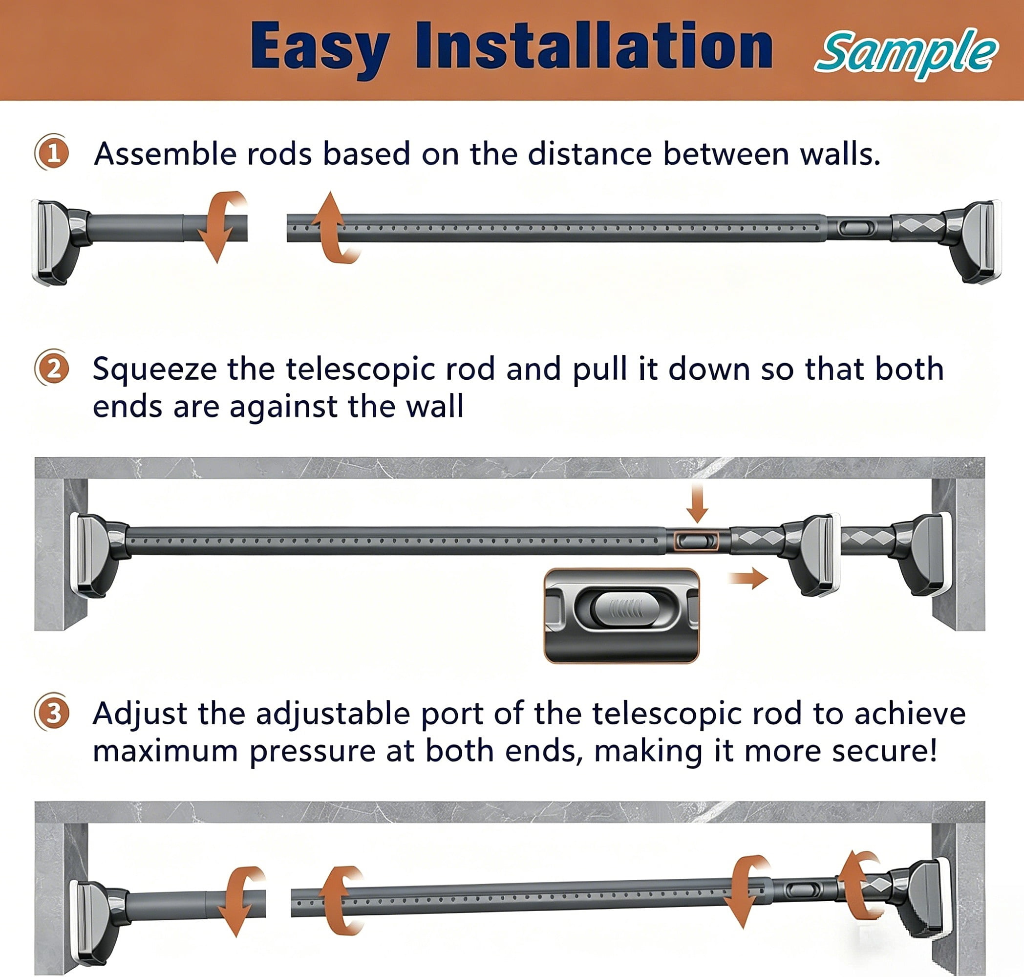 Mxdfafa 40-193in Gray Tension Curtain Rod, Heavy Duty No Drill for Room Divider, Bathroom, Closet & Laundry, Carbon Steel, Rust-Proof
