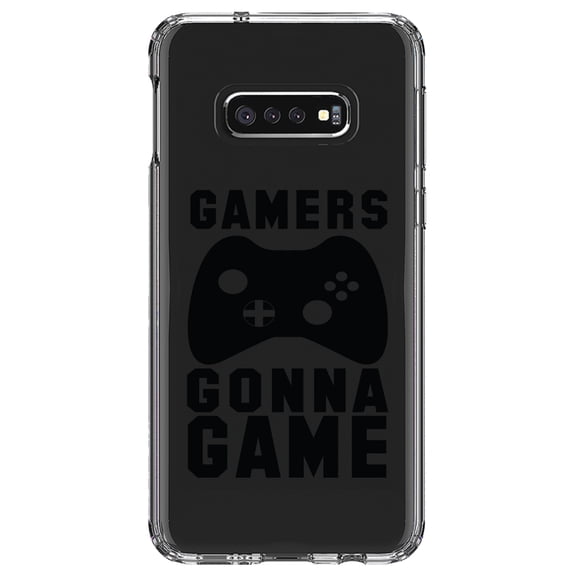 DistinctInk Clear Shockproof Hybrid Case for Samsung Galaxy S10e (5.8" Screen) - TPU Bumper Acrylic Back Tempered Glass Screen Protector - Gamers Gonna Game - Video Games