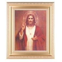 Sacred Heart of Jesus Satin Picture Framed Wall Art Decor Large, Satin Gold Fluted Frame with Distressed Finish and Fine Detailed Scrollwork