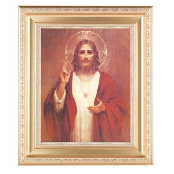 Sacred Heart of Jesus Satin Picture Framed Wall Art Decor Large, Satin Gold Fluted Frame with Distressed Finish and Fine Detailed Scrollwork