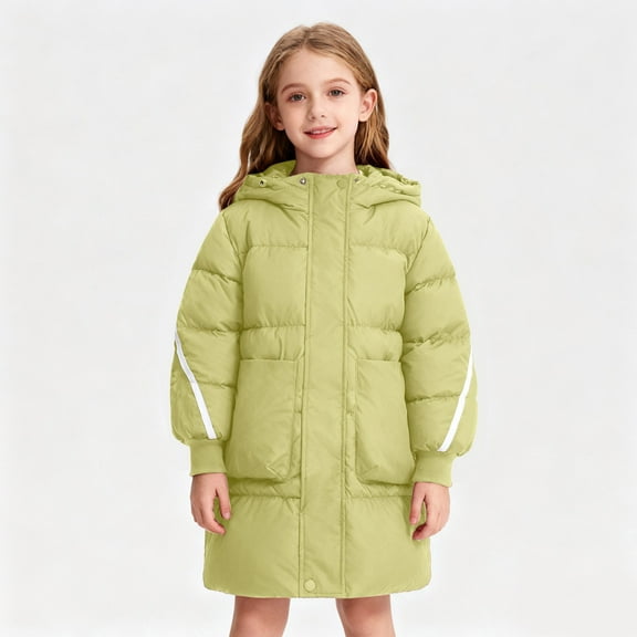 Puffer Jacket Kids Hooded Green Jacket Zip up Long Sleeve Waterproof Girls Thickened Jacket Boy Winter Coat 11-12 Years