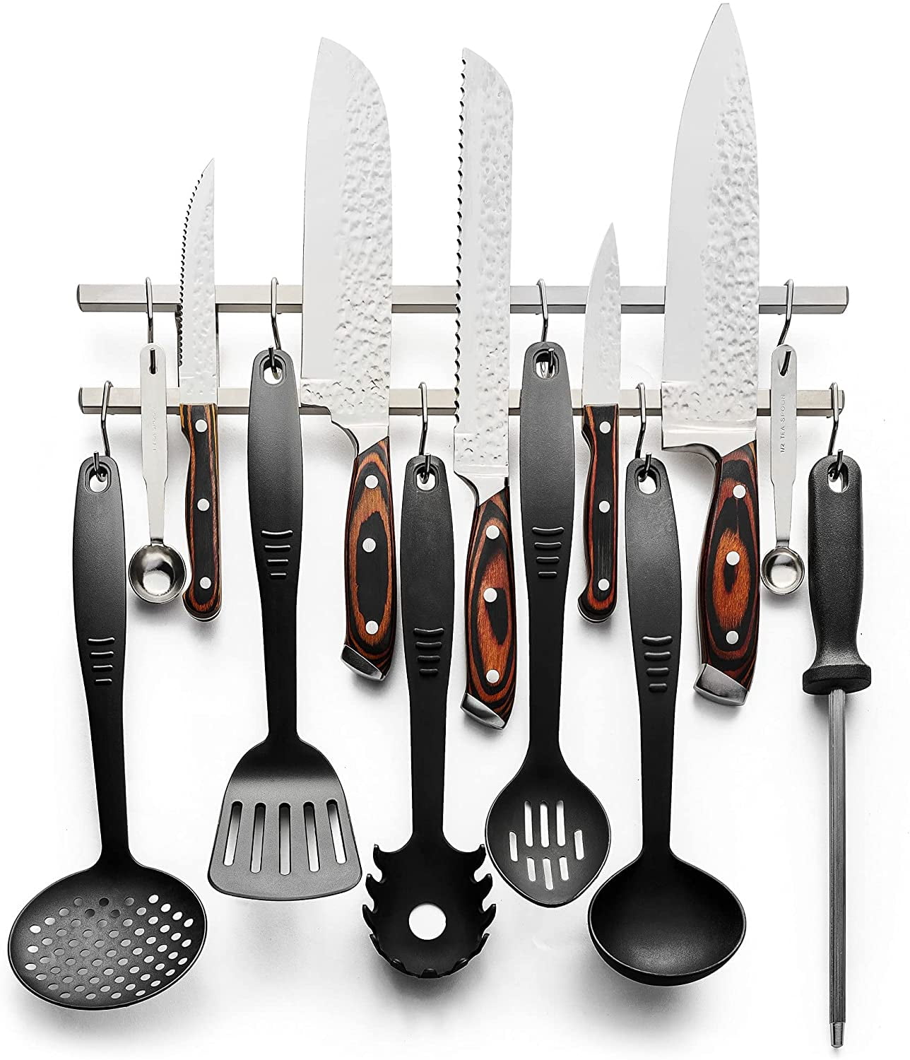 Modern Innovations 16' Stainless Steel Two Level Magnetic Knife Bar with 8 Metal Hooks