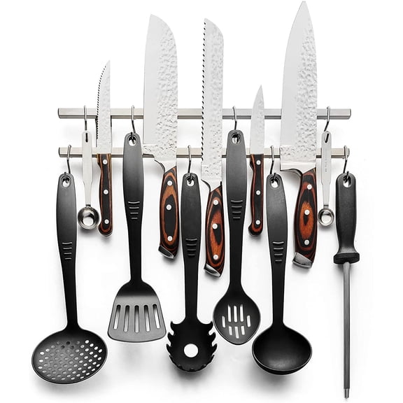 Modern Innovations (16 Inch Stainless Steel Metal Magnetic Knife Holder, Wall Mount Double Bar with 8 Hooks - Multipurpose Knife Magnetic Strip, Utensil Hanger, and Kitchen Storage Rack Magnet