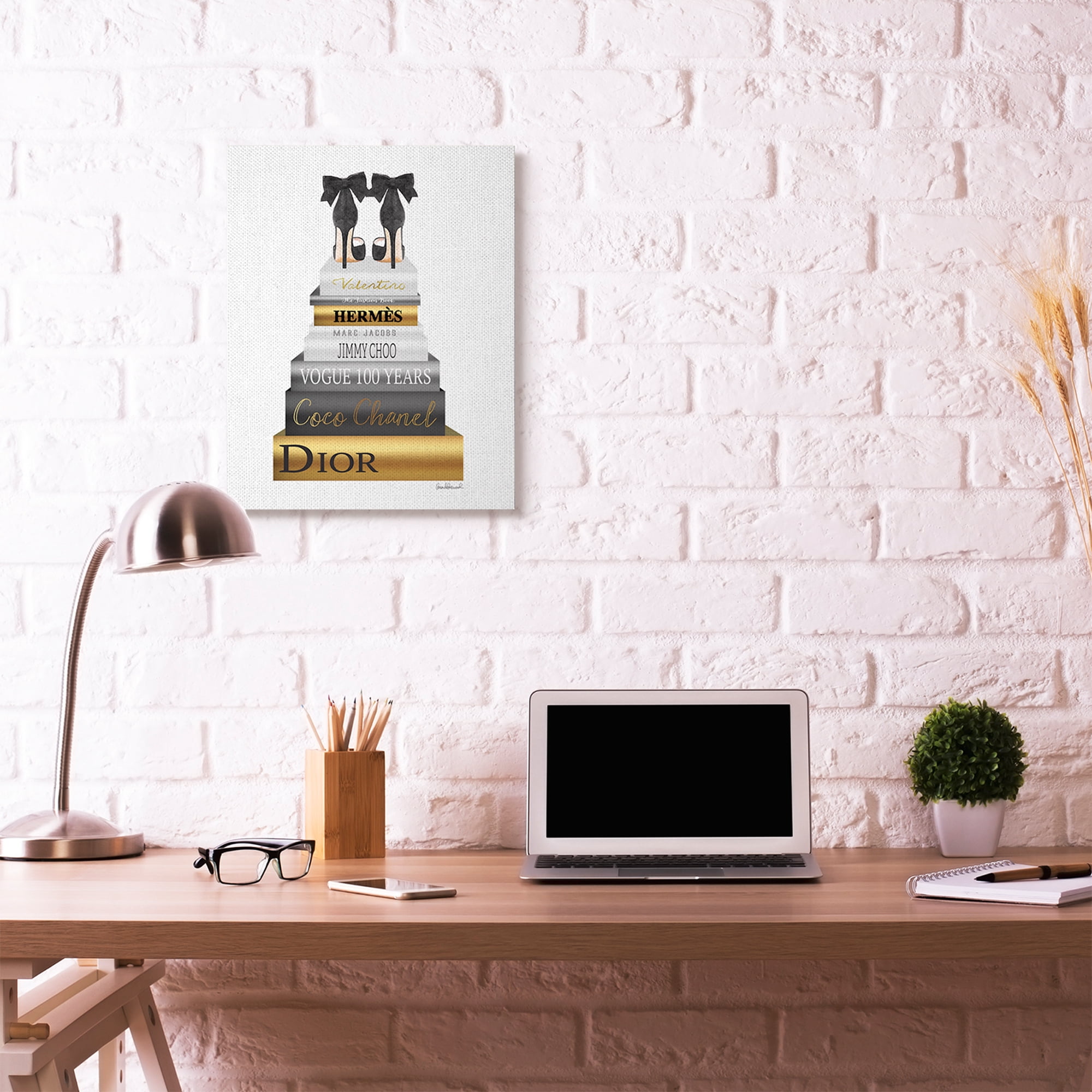 Stupell Industries Fashion Designer Shoes Bookstack Black Gold Watercolor Canvas Wall Art by Amanda Greenwood