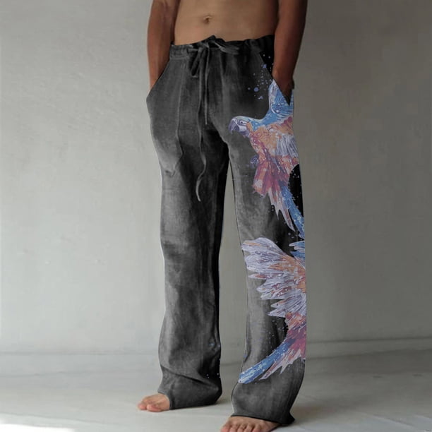 Pantalones largos de verano para hombre, de algodón y pierna ancha, deportivos con cordones estampados, informales