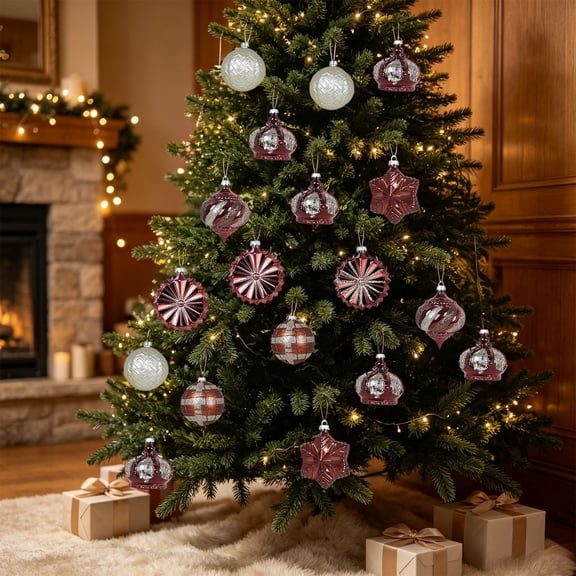 Honeplcked 24Pcs Coffee Christmas Ball Ornaments Set, 2.36 Inch Assorted Shaped Shatterproof Christmas Decorations Tree Balls Hanging for Xmas Tree Wedding Party Holiday Decor