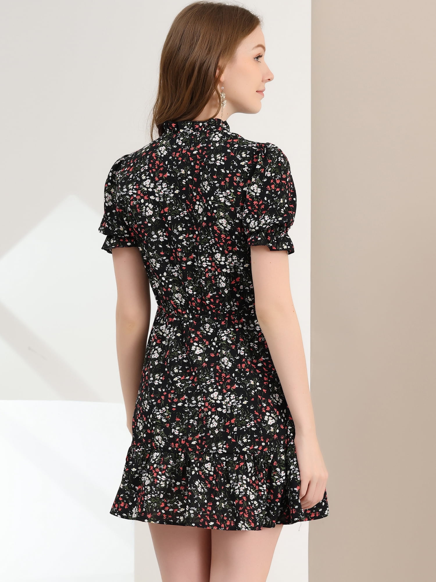 DARING DIVA Ruffle Floral Bow Tie Chiffon Puff Fit & Flare Dress XS Black-White